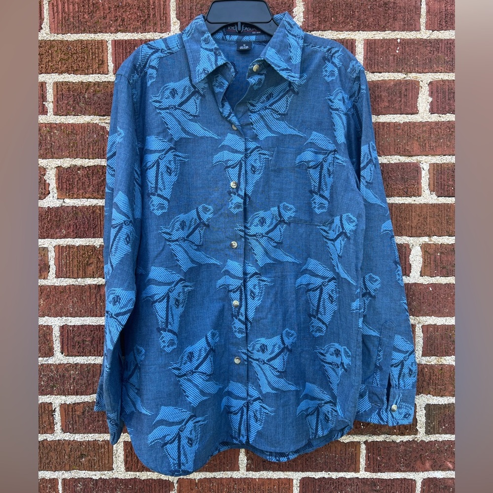 Vintage Kyoto Kasuals Equestrian Horse Button Down Top Shirt Size Medium Cotton